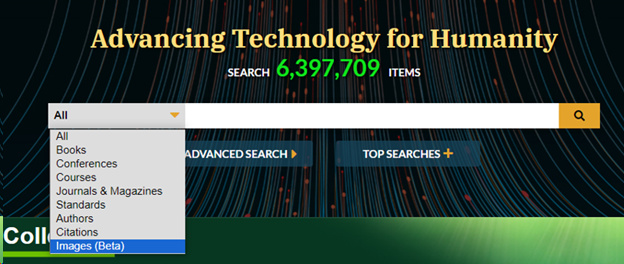 IEEE Xplore homepage showing image search filter